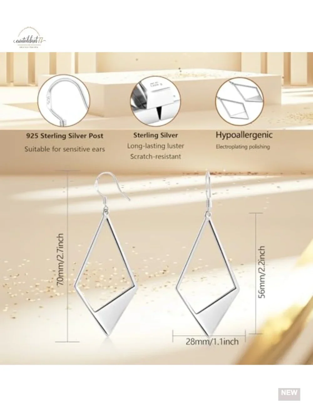 Hypoallergenic Silver Dangle Earrings Leverback Hook Rhombus Statement